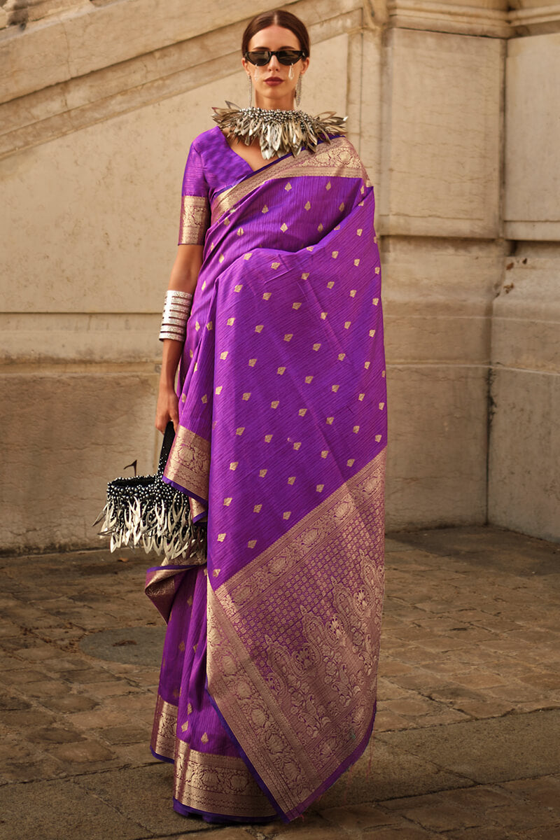 Beleaguer Purple Soft Banarasi Silk Saree With Whimsical Blouse Piece