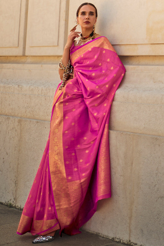 Desirable Dark Pink Soft Banarasi Silk Saree With Exquisite Blouse Piece