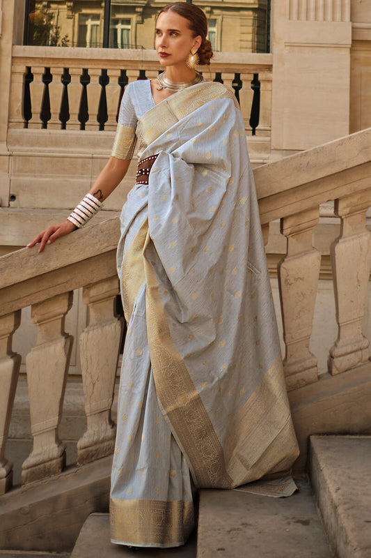 Breathtaking Grey Soft Banarasi Silk Saree With Opulent Blouse Piece