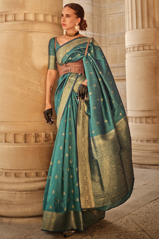 Demanding Rama Soft Banarasi Silk Saree With Ethereal Blouse Piece