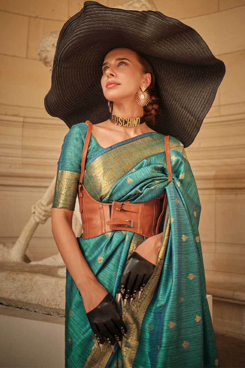 Demanding Rama Soft Banarasi Silk Saree With Ethereal Blouse Piece