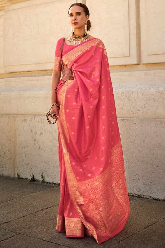 Capricious Pink Soft Banarasi Silk Saree With Seraphic Blouse Piece