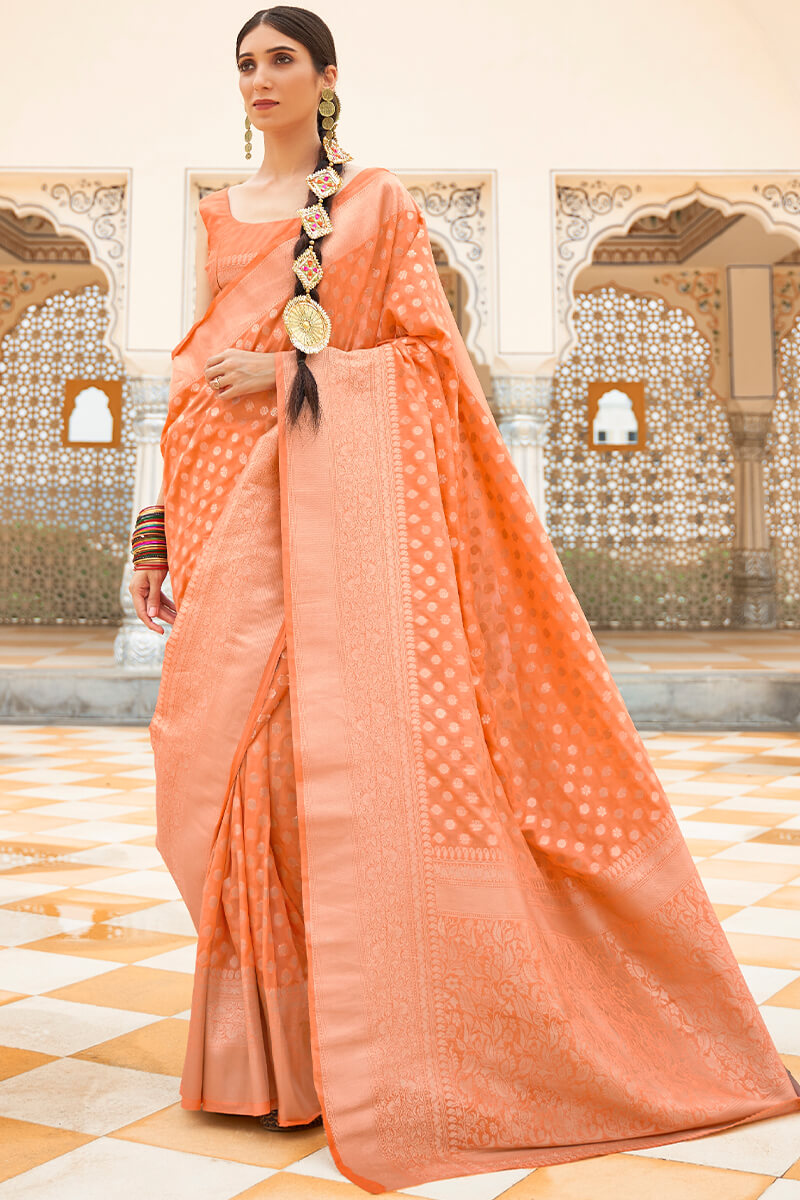 Fairytale Peach Soft Banarasi Silk Saree With Exquisite Blouse Piece