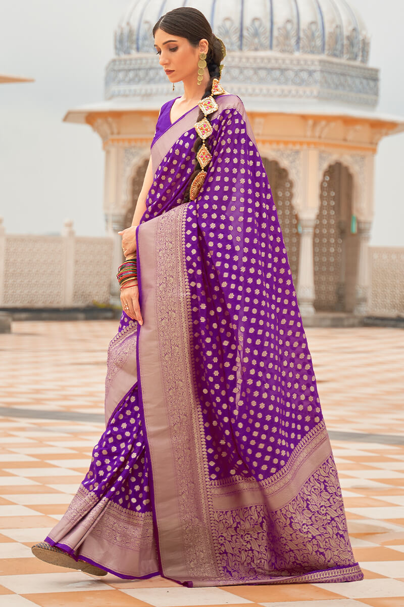 Demure Purple Soft Banarasi Silk Saree With Eloquence Blouse Piece