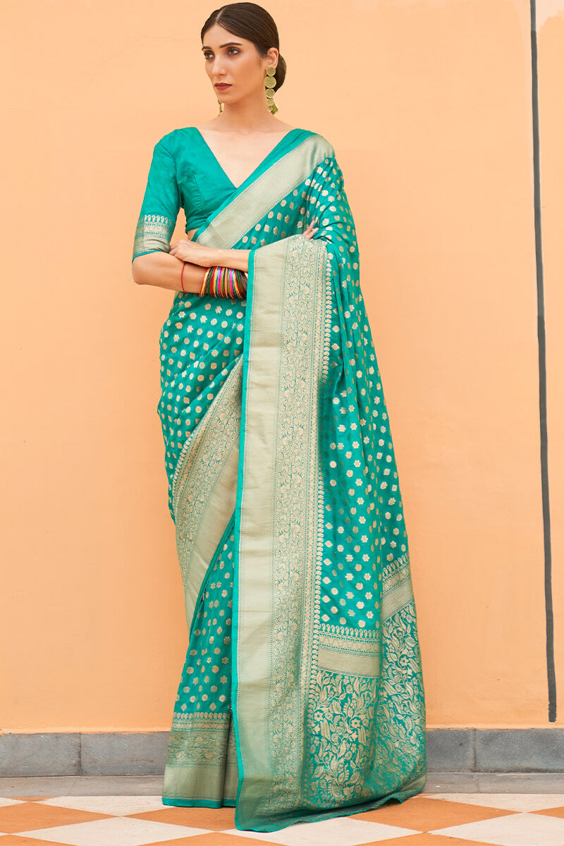 Gossamer Turquoise Soft Banarasi Silk Saree With Moiety Blouse Piece