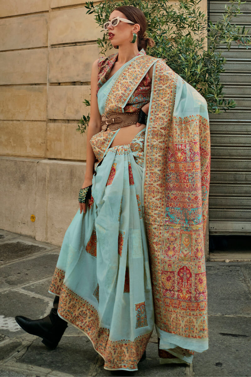 Ailurophile Sky Pashmina saree With Effulgent Blouse Piece