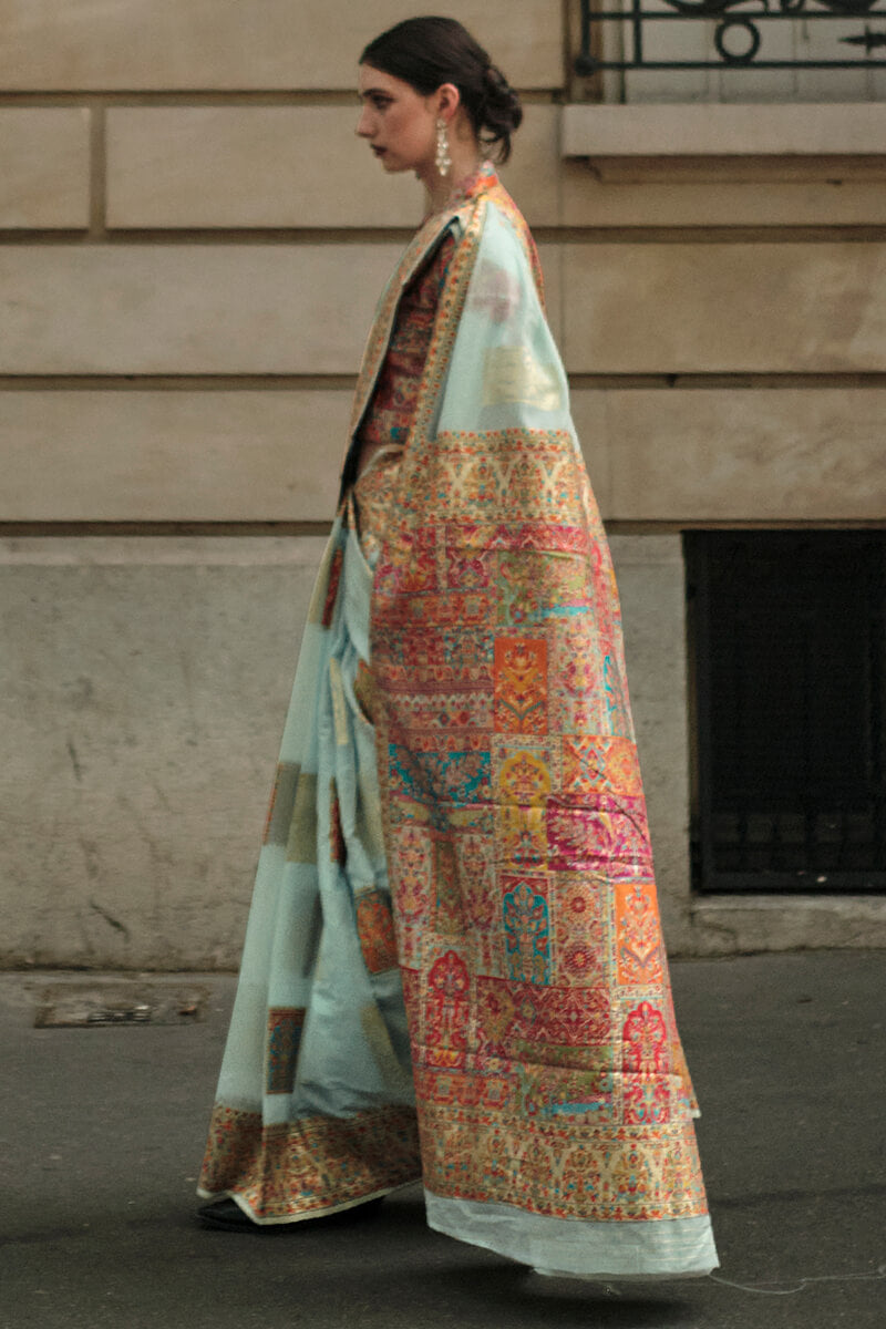 Ailurophile Sky Pashmina saree With Effulgent Blouse Piece