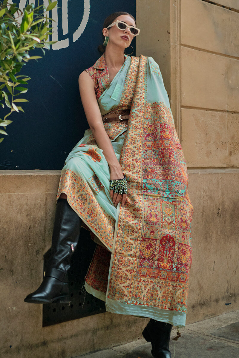 Ailurophile Sky Pashmina saree With Effulgent Blouse Piece