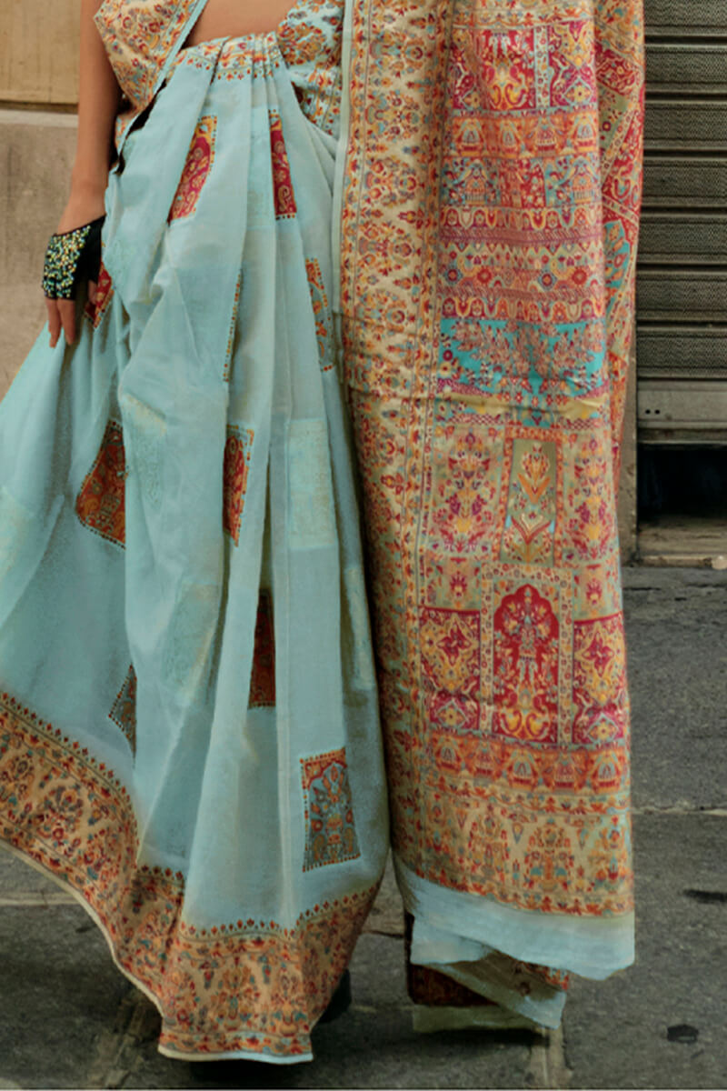 Ailurophile Sky Pashmina saree With Effulgent Blouse Piece