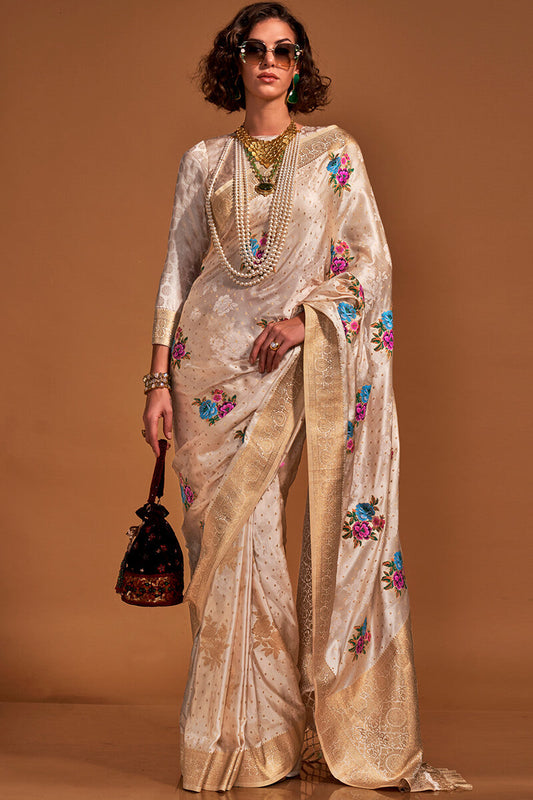 Exemplary Beige Banarasi Satin Silk Saree With Lustrous Blouse