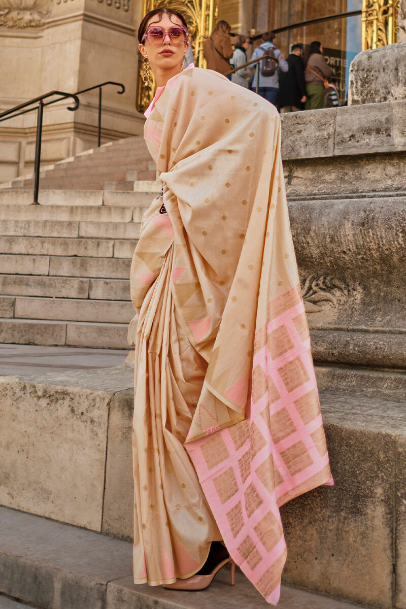 Lagniappe Beige Soft Banarasi Silk Saree With Ratatouille Blouse Piece