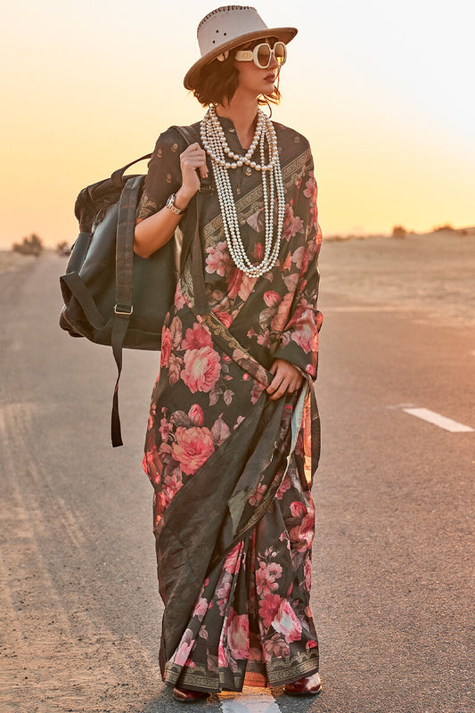 Exquisite Black Digital Printed Tussar Silk Saree With Groovy Blouse Piece