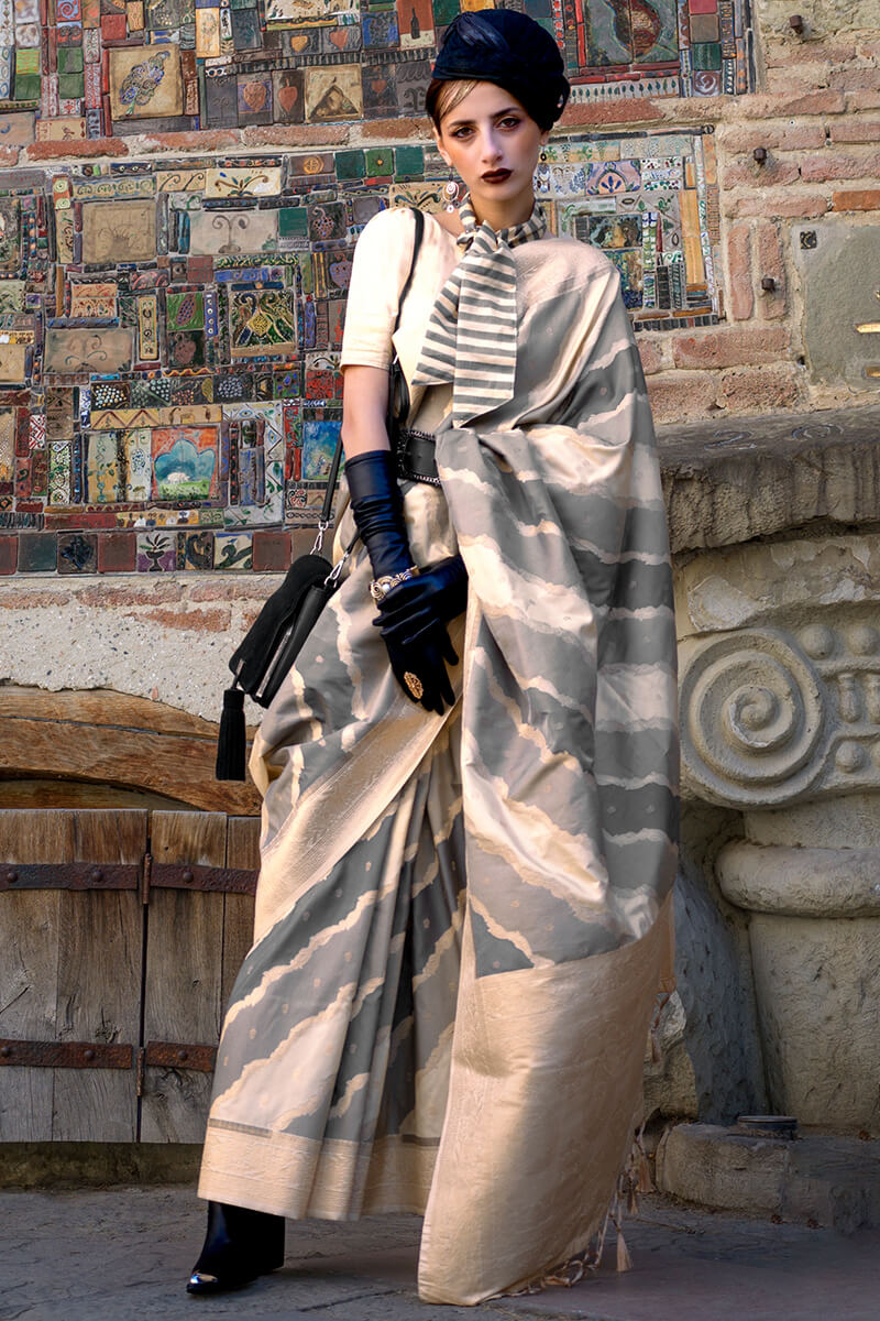 Ebullience Beige Soft Banarasi Silk Saree With Divine Blouse Piece