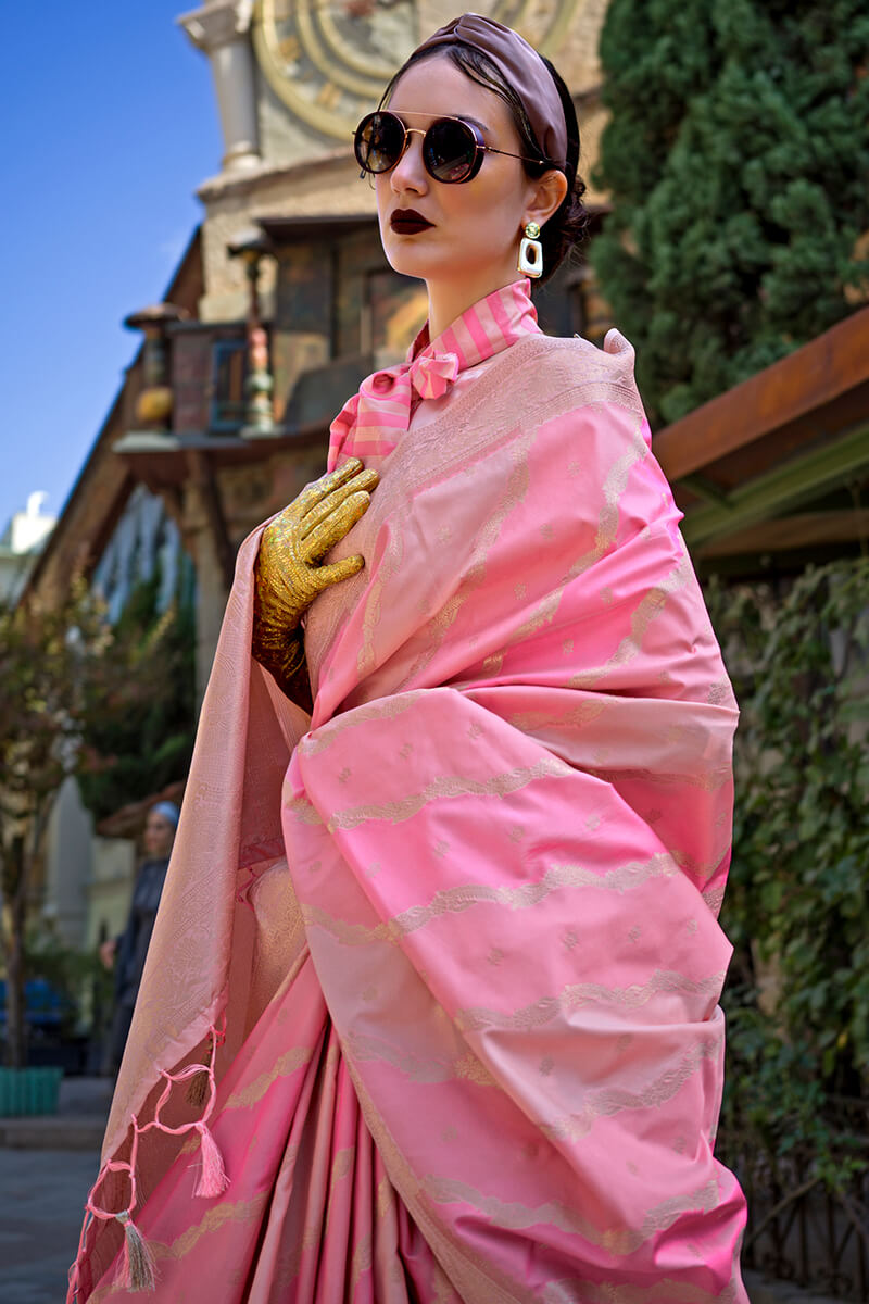 Elegant Baby Pink Soft Banarasi Silk Saree With Jazzy Blouse Piece