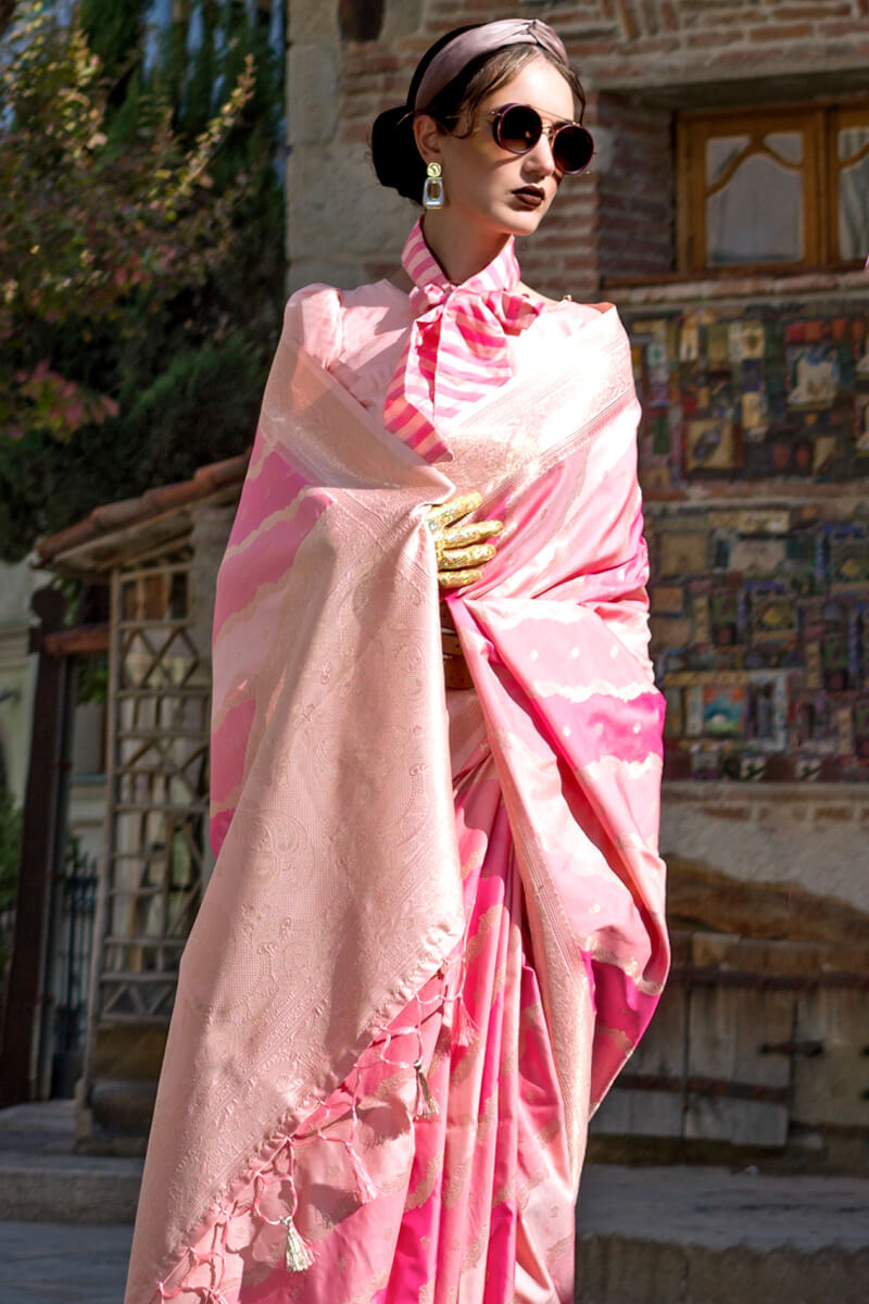 Elegant Baby Pink Soft Banarasi Silk Saree With Jazzy Blouse Piece