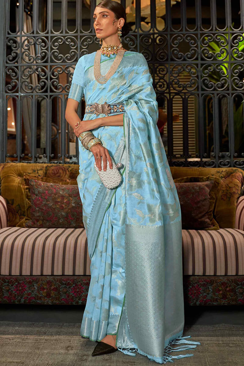 Enchanting Sky Soft Banarasi Silk Saree With Luxuriant Blouse Piece