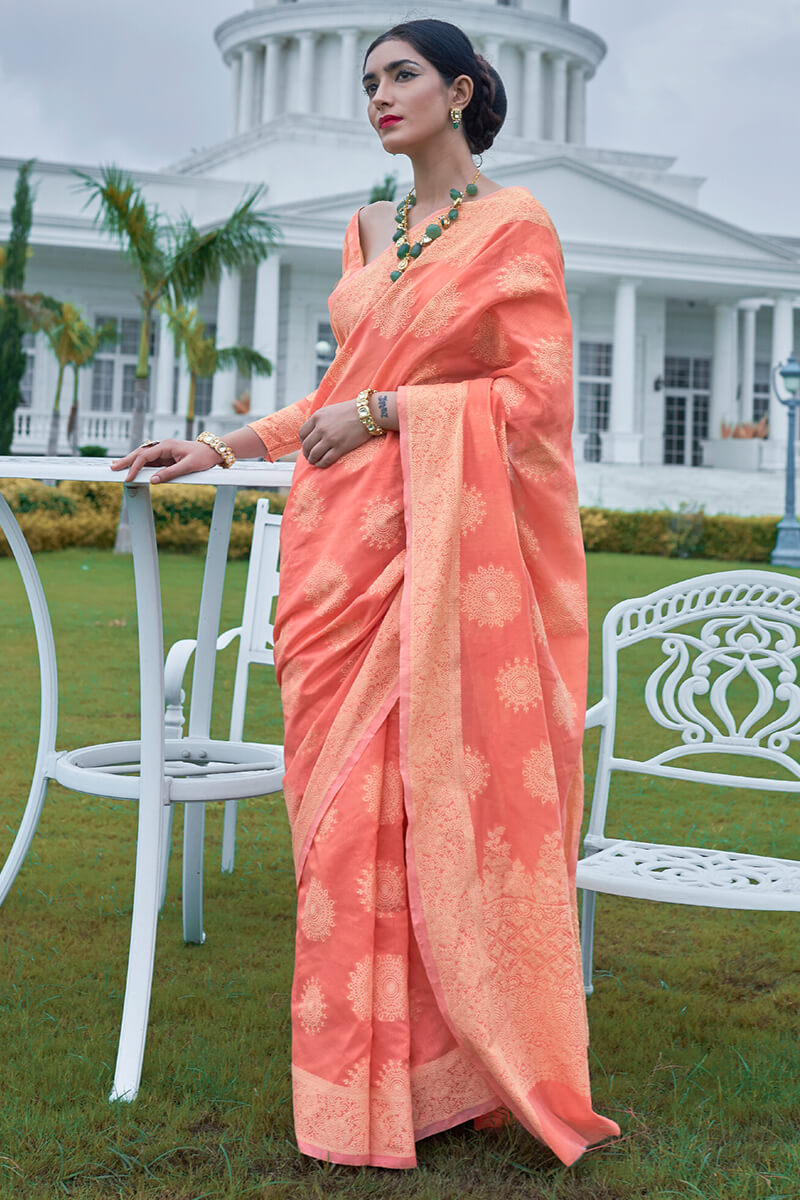 Admirable Peach Lucknowi Silk Saree With Inspiring Blouse Piece