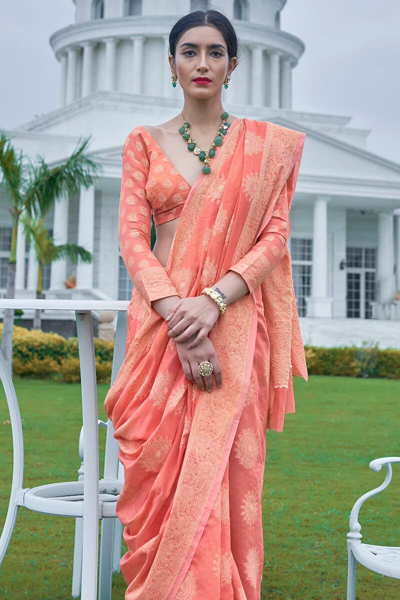 Admirable Peach Lucknowi Silk Saree With Inspiring Blouse Piece