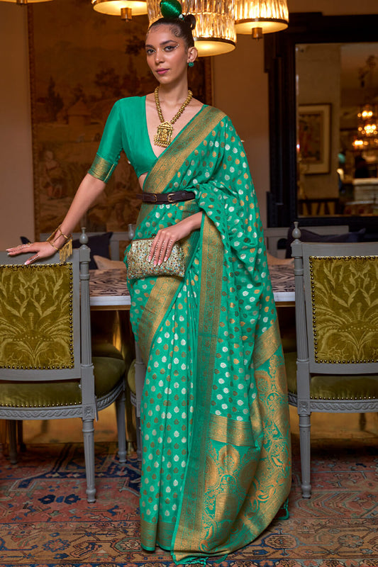 Intricate Green Soft Banarasi Silk Saree With Flaunt Blouse Piece