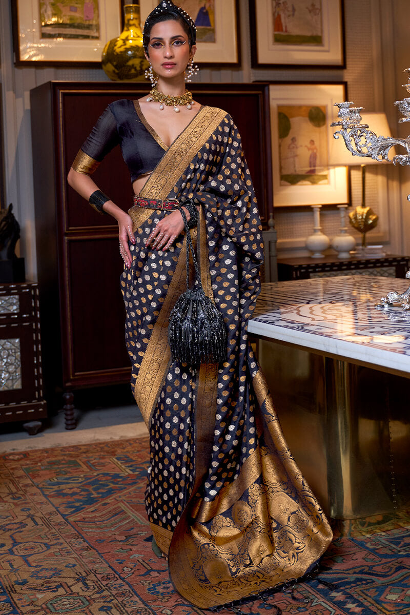 Fairytale Black Soft Banarasi Silk Saree With Captivating Blouse Piece