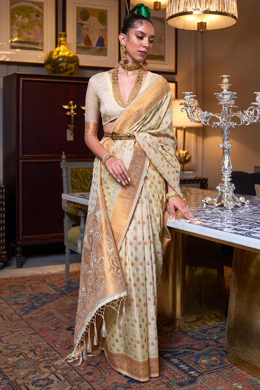 Classic Beige Soft Banarasi Silk Saree With Admirable Blouse Piece