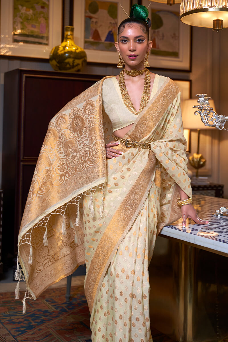 Classic Beige Soft Banarasi Silk Saree With Admirable Blouse Piece