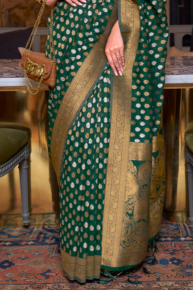 Murmurous Dark Green Soft Banarasi Silk Saree With Felicitous Blouse Piece