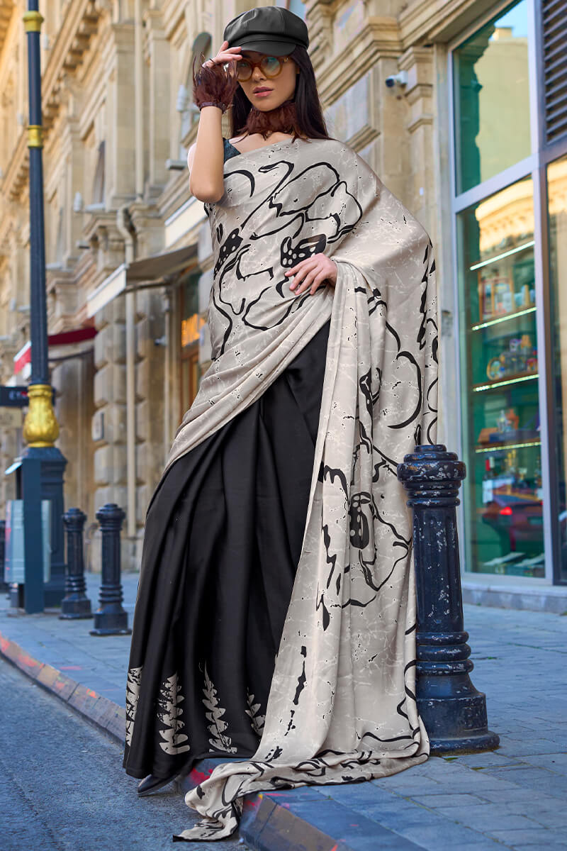 Alluring Beige and Black Digital Printed Satin Silk Saree With Mesmerising Blouse Piece