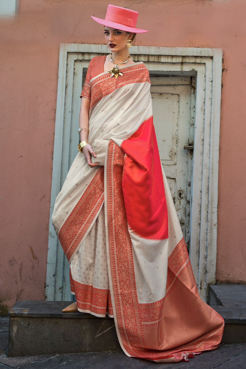 Beauteous Beige and Red Soft Banarasi Silk Saree With Divine Blouse Piece