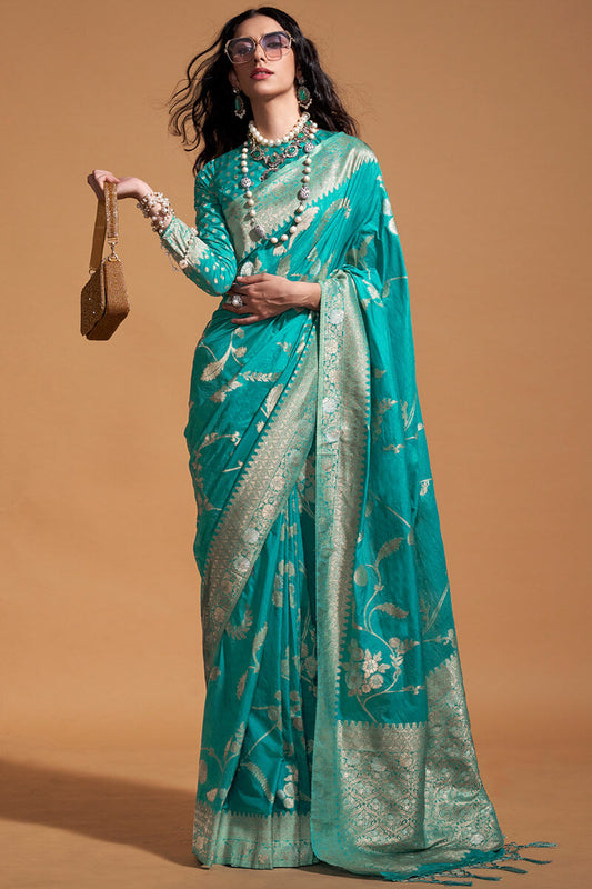 Chatoyant Turquoise Georgette Banarasi Silk Saree With Evanescent Blouse Piece