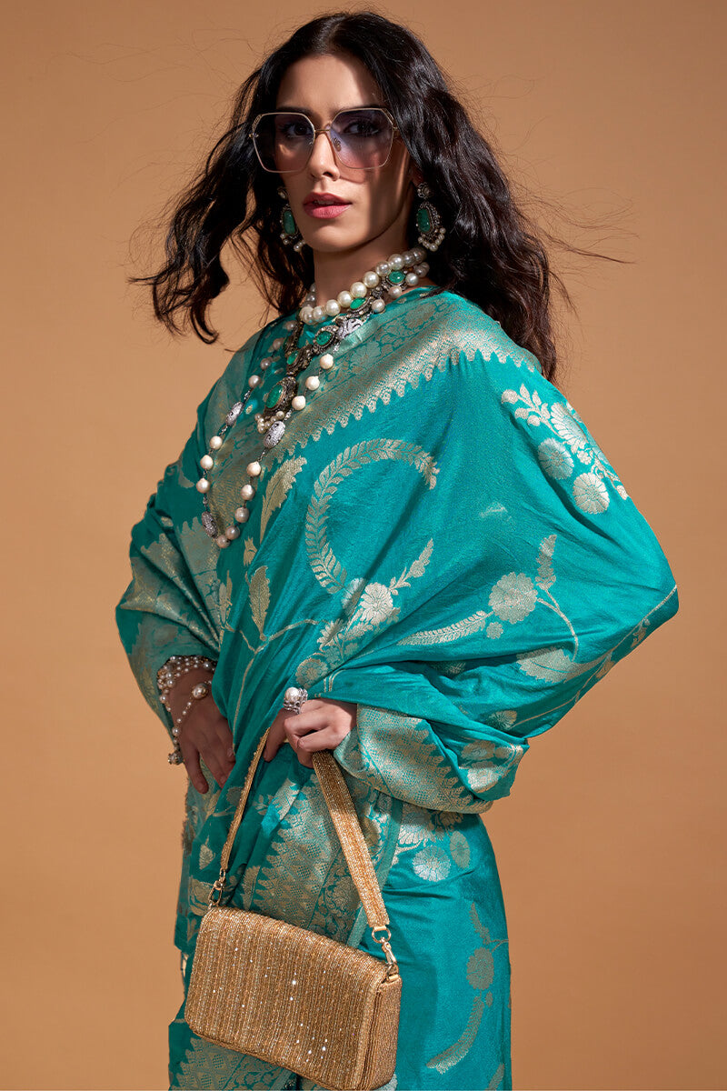 Chatoyant Turquoise Georgette Banarasi Silk Saree With Evanescent Blouse Piece