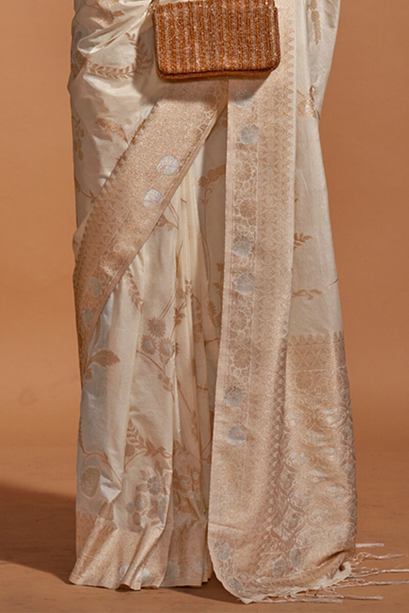 Extraordinary Beige Georgette Banarasi Silk Saree With Fantabulous Blouse Piece