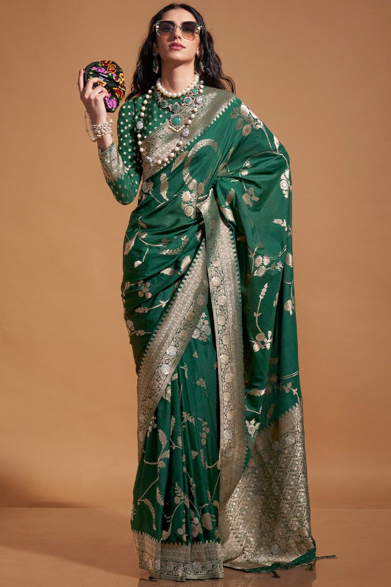 Exuberant Dark Green Georgette Banarasi Silk Saree With Piquant Blouse Piece