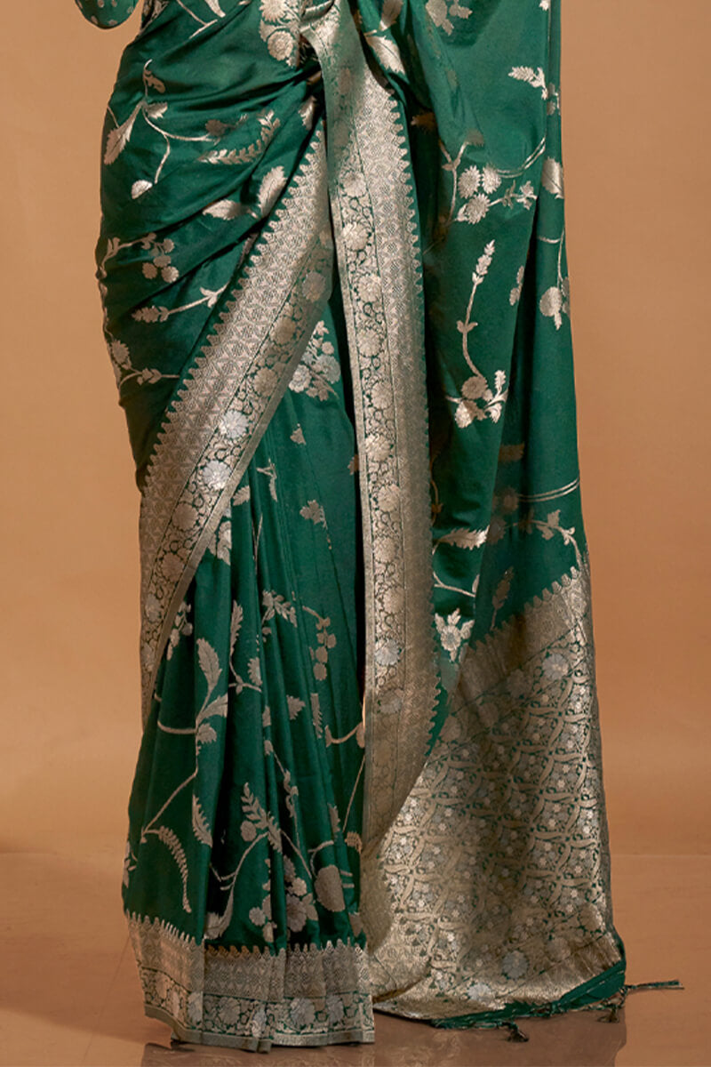 Exuberant Dark Green Georgette Banarasi Silk Saree With Piquant Blouse Piece