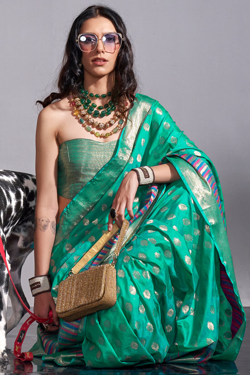 Classy Rama Soft Banarasi Silk Saree With Gorgeous Blouse Piece