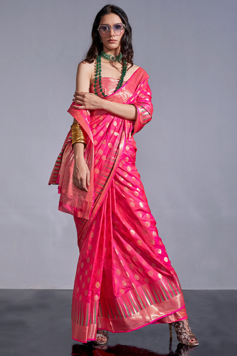 Lissome Dark Pink Soft Banarasi Silk Saree With Redolent Blouse Piece