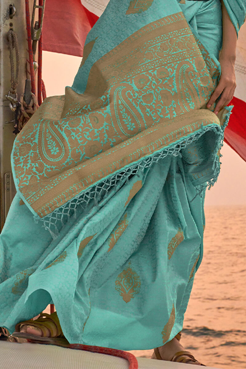 Majesty Firozi Soft Banarasi Silk Saree With Engrossing Blouse Piece