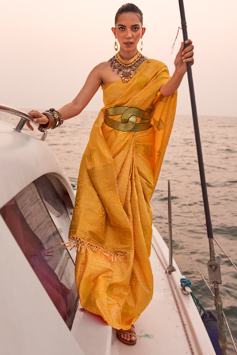 Inspiring Yellow Soft Banarasi Silk Saree With Assemblage Blouse Piece