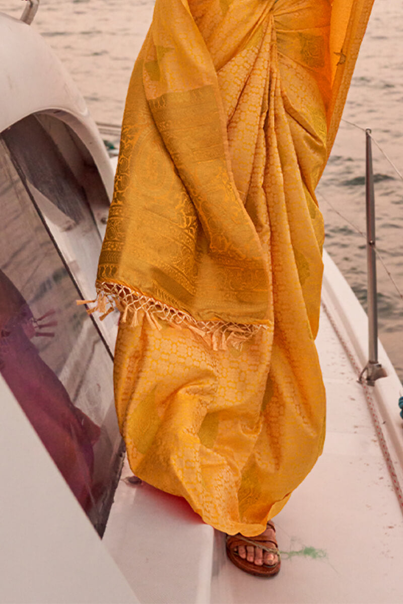 Inspiring Yellow Soft Banarasi Silk Saree With Assemblage Blouse Piece