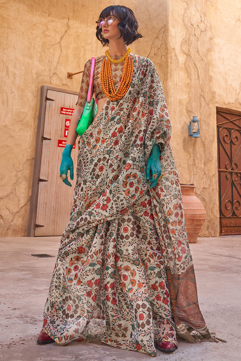 Attractive Off White Digital Printed Tissue Silk Saree With Phenomenal Blouse Piece