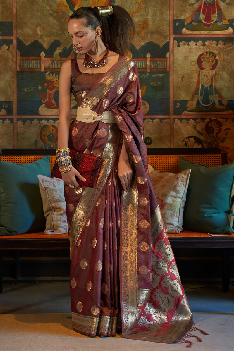 Flattering Maroon Soft Banarasi Silk Saree With Flaunt Blouse Piece