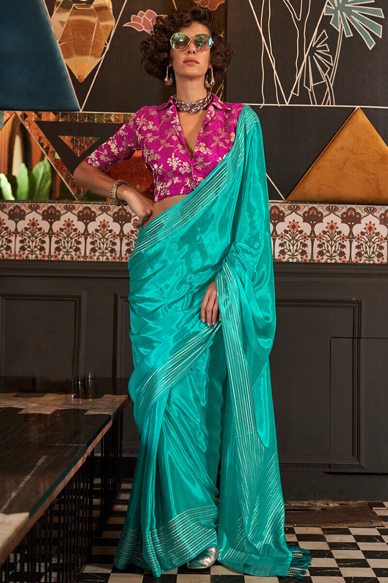 Deserving Turquoise Soft Banarasi Silk Saree With Glowing Blouse Piece