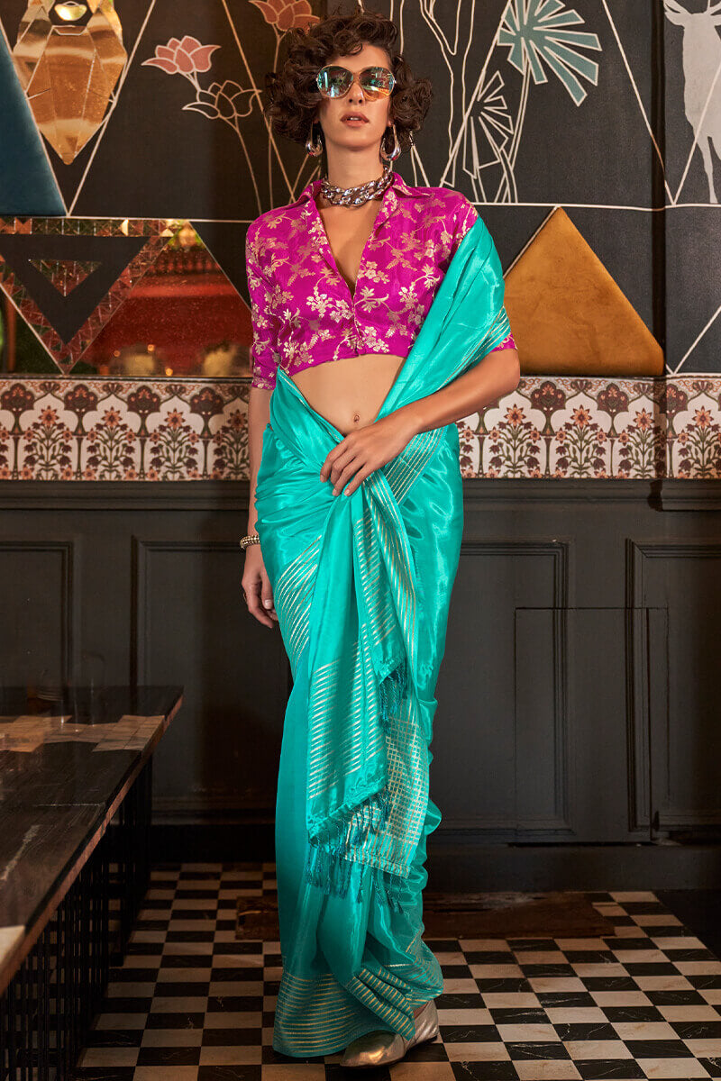 Deserving Turquoise Soft Banarasi Silk Saree With Glowing Blouse Piece