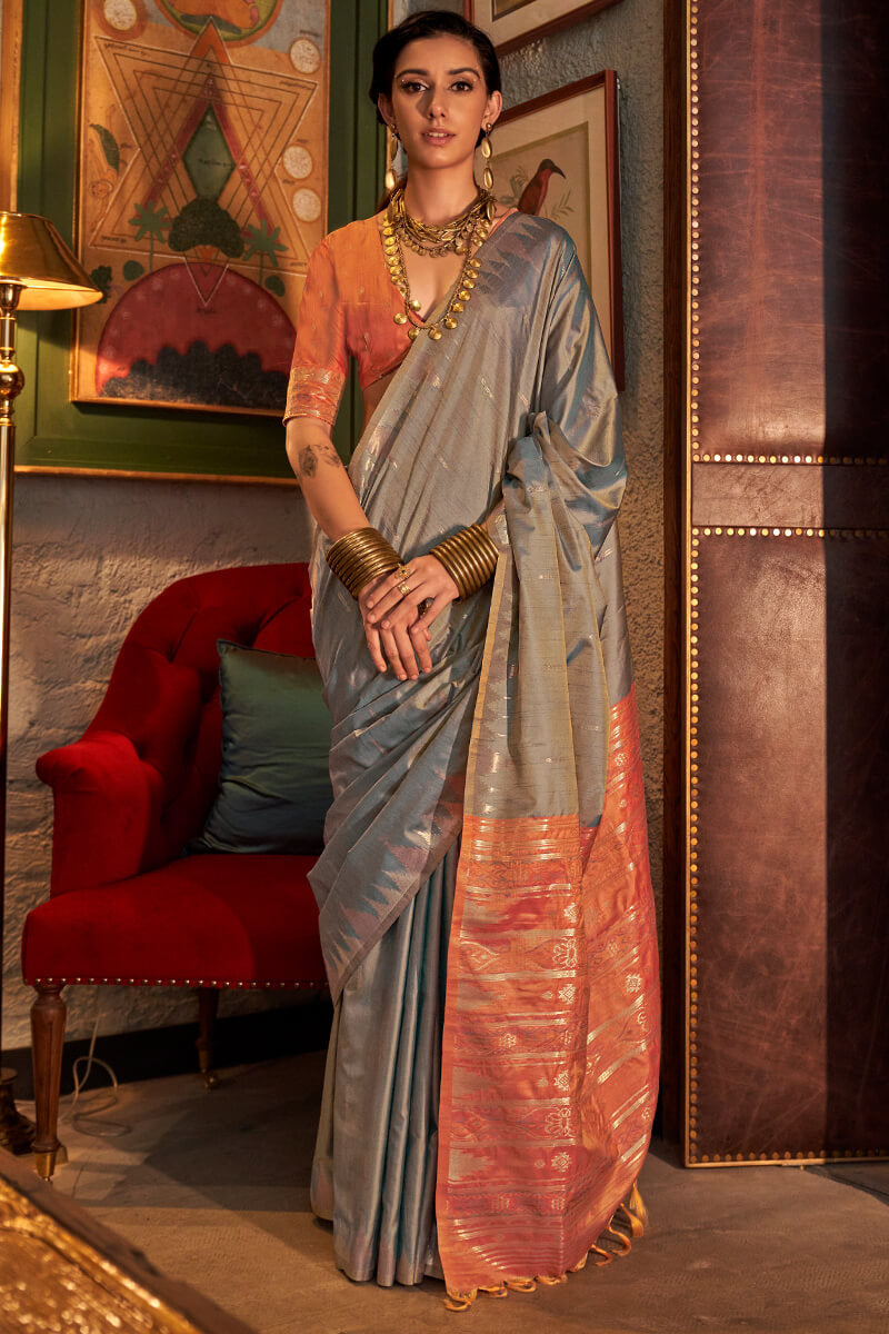 Desuetude Grey Soft Banarasi Silk Saree With Inspiring Blouse Piece