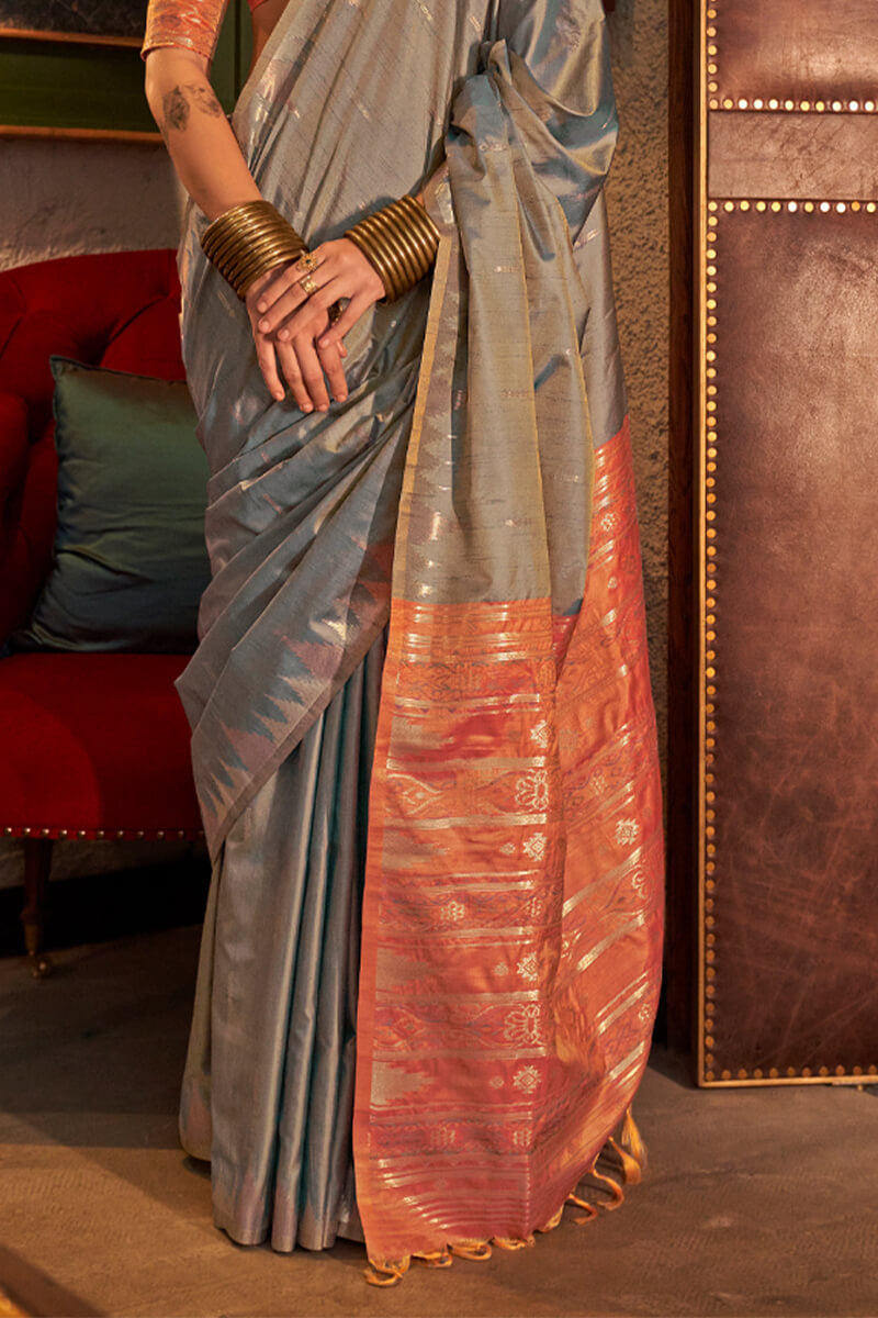 Desuetude Grey Soft Banarasi Silk Saree With Inspiring Blouse Piece