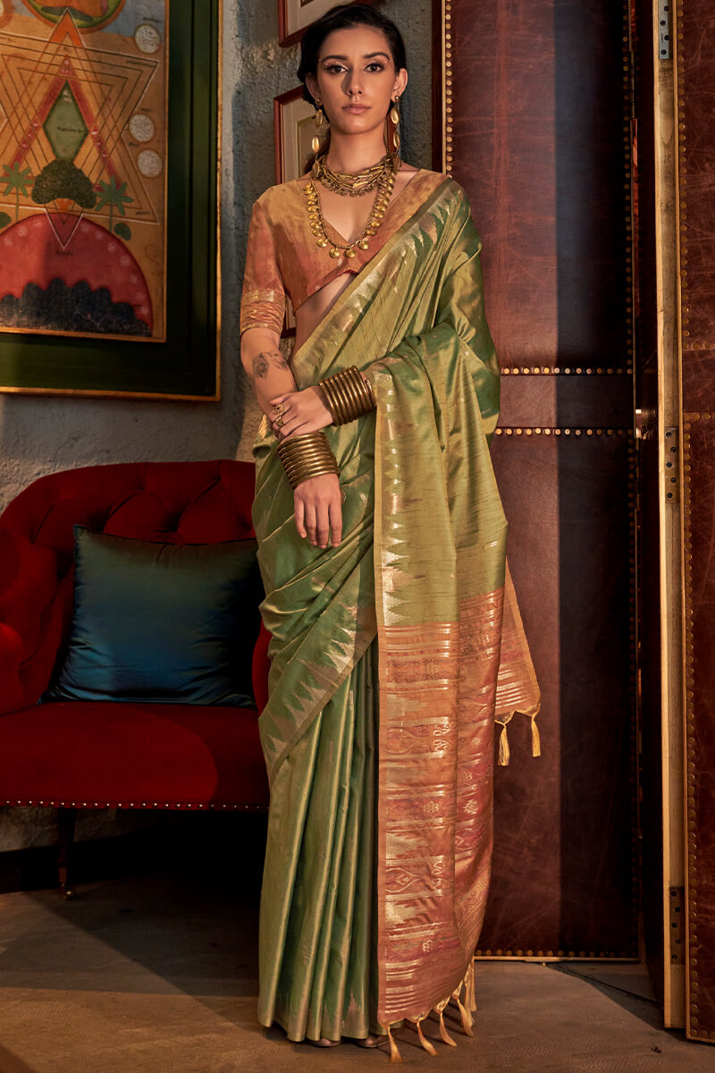 Energetic Mehndi Soft Banarasi Silk Saree With Pretty Blouse Piece