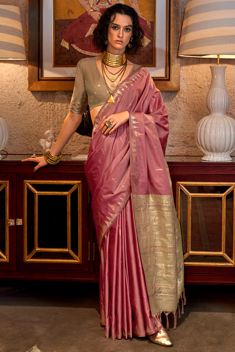 Divine Pink Soft Banarasi Silk Saree With Effervescent Blouse Piece