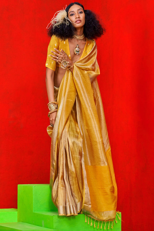 Impressive Mustard Soft Banarasi Silk Saree With Appealing Blouse Piece