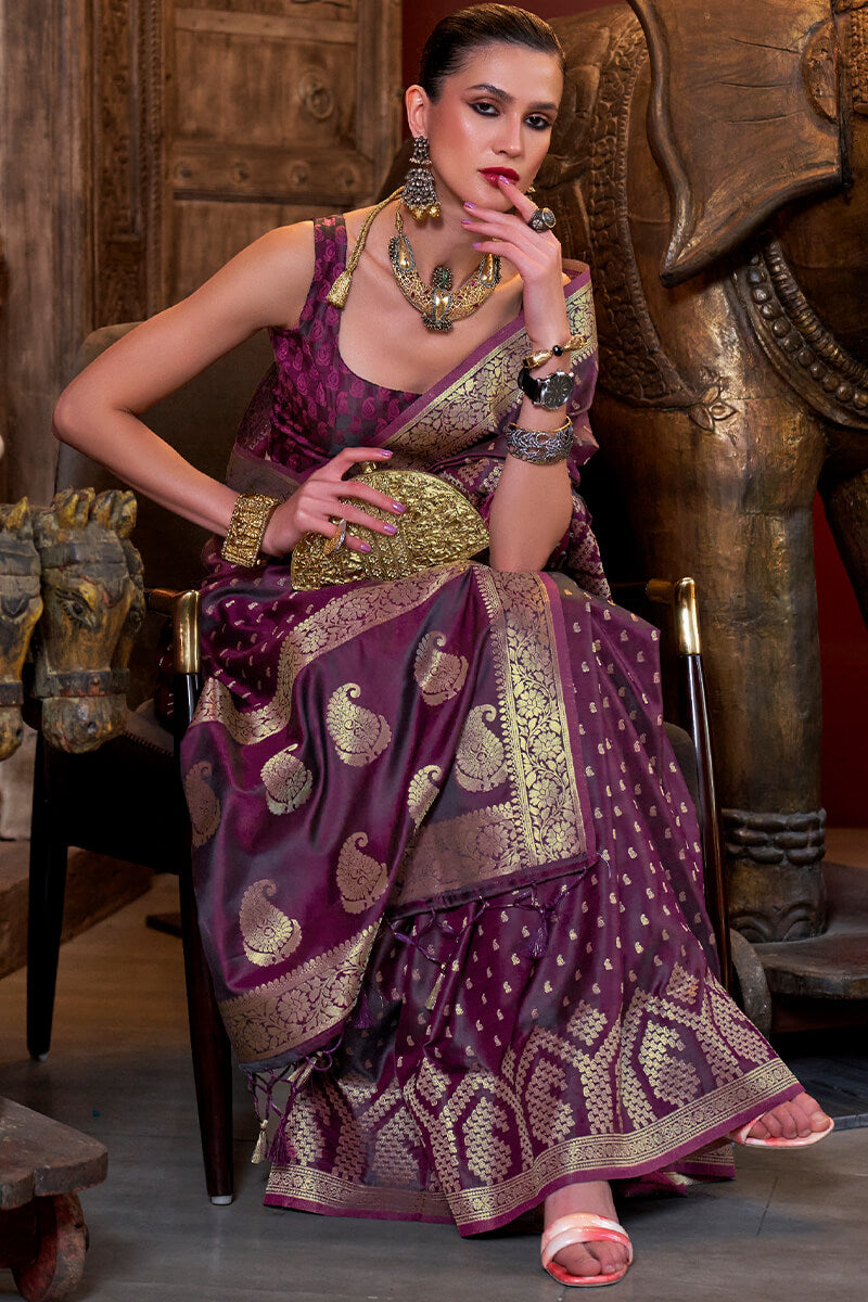 Majestic Purple Banarasi Satin Silk Saree With Jubilant Blouse