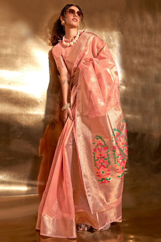 Exceptional Peach Paithani Silk Saree With Arresting Blouse Piece